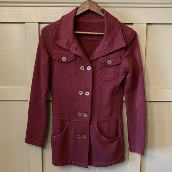 PRANA Burgundy Button Down Military Style Sweater Coat 100% Cotton Size XS - Picture 1 of 6